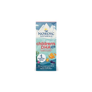 Nordic Naturals Children's DHA Xtra 880 mg 60 ml - Berry Punch, for ages 1+, supports brain development. Box features illustrated fish and ocean design on the front.